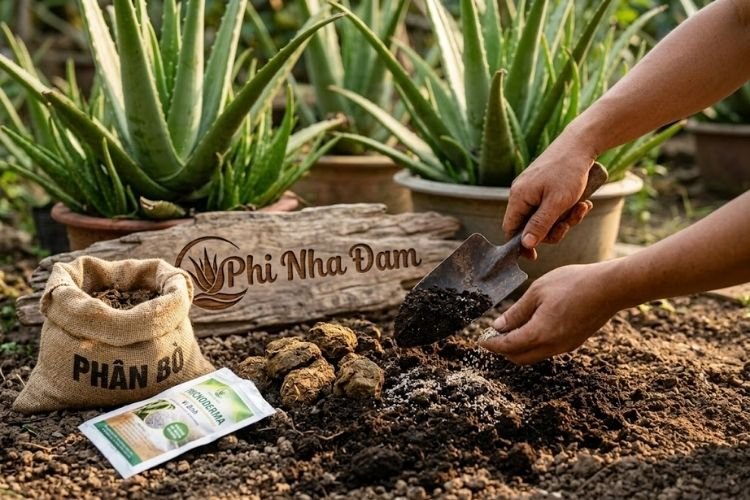 Trộn giá thể trồng nha đam Thái với phân bò và trichoderma