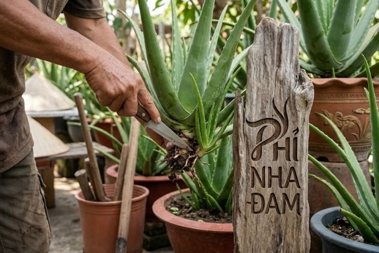 Dùng dao nhọn cắt đoạn rễ nối giữa cây con và cây mẹ nha đam