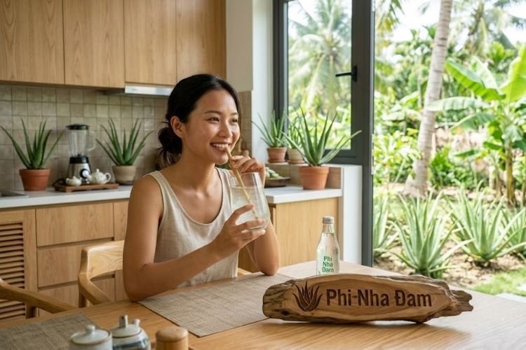 Cô gái uống nước detox nha đam tươi để làm đẹp da từ bên trong