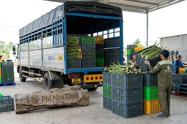 Đóng gói nha đam nguyên liệu bằng thùng nhựa Grey đục lỗ tản nhiệt