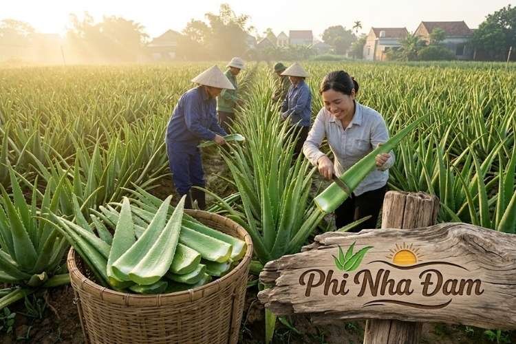 Thu hoạch nha đam Thái vào sáng sớm khi bẹ lá căng mọng