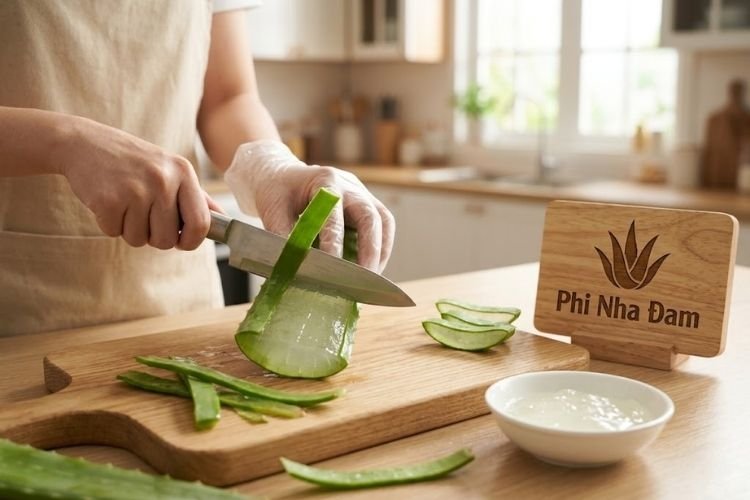 Gọt vỏ nha đam Thái sạch lớp vỏ xanh để thạch không bị đắng